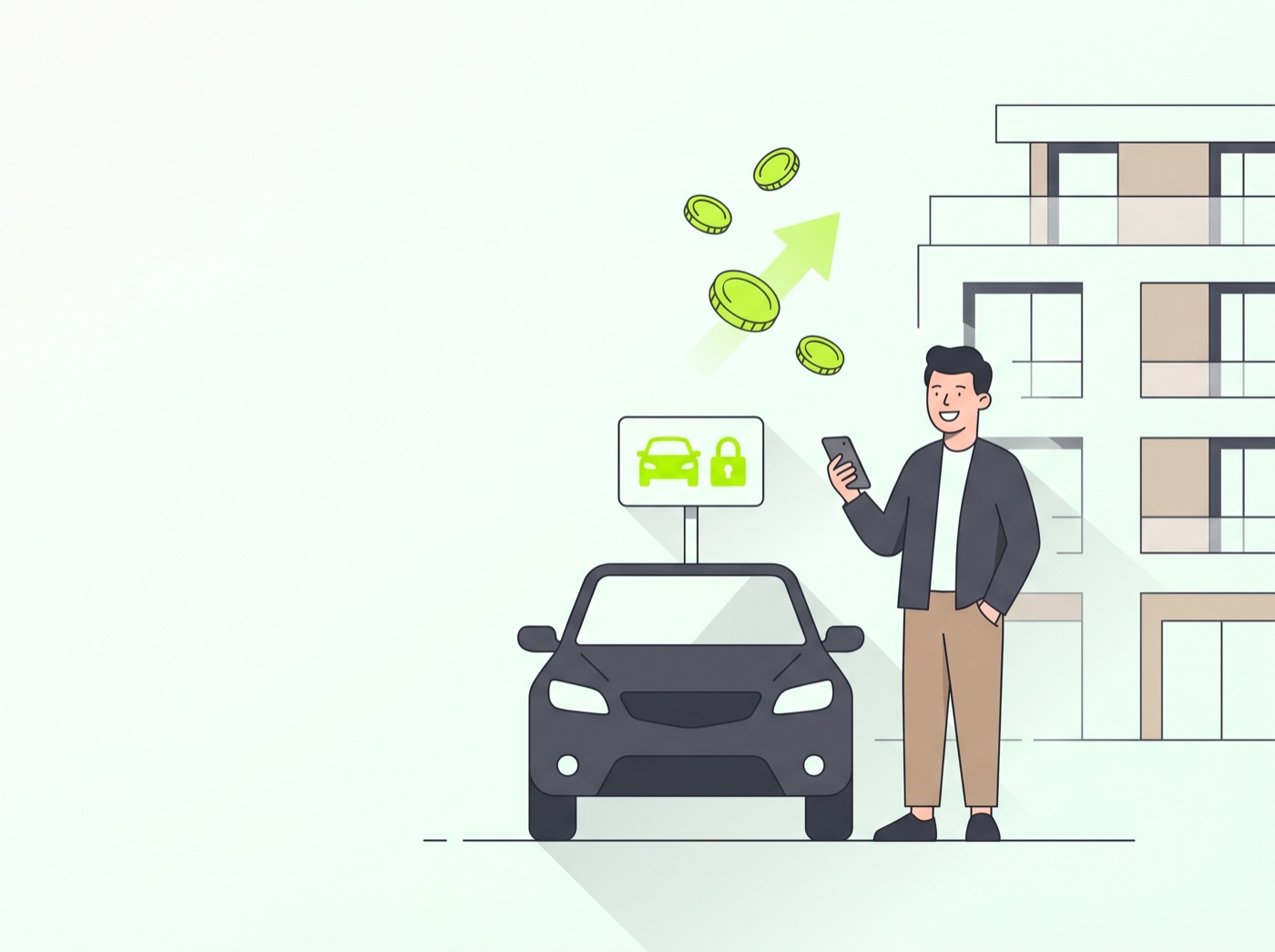 Illustration: Person vermietet ihren privaten Parkplatz und verdient Geld