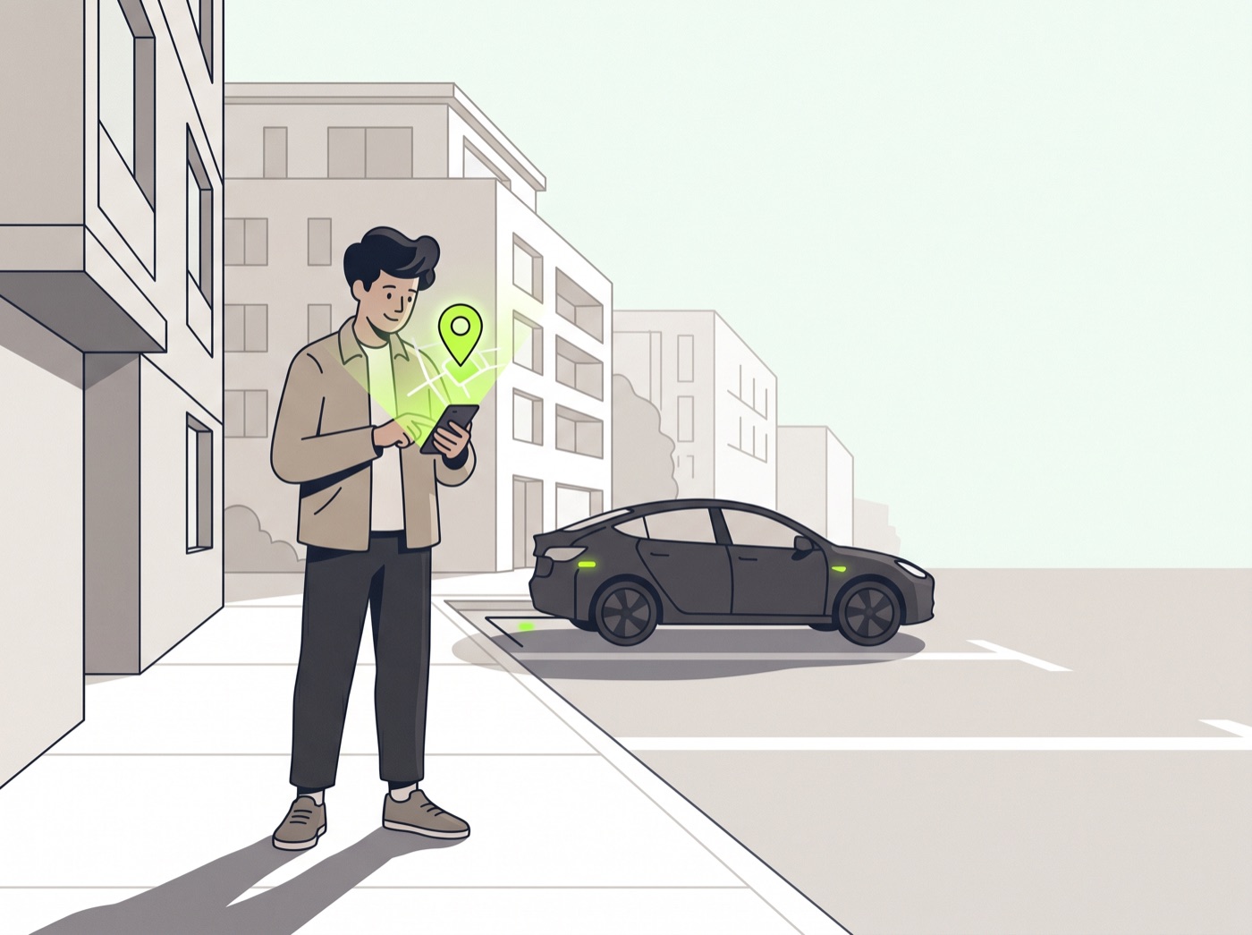 Illustration: Person findet mit dem Smartphone einen Parkplatz in der Stadt